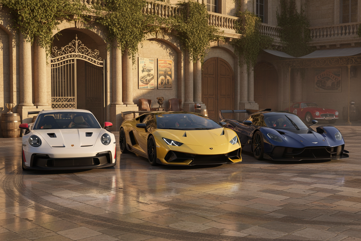 3 hypercar type GT3RS, lamborgini... cote a cote, fond stylée old money drift*